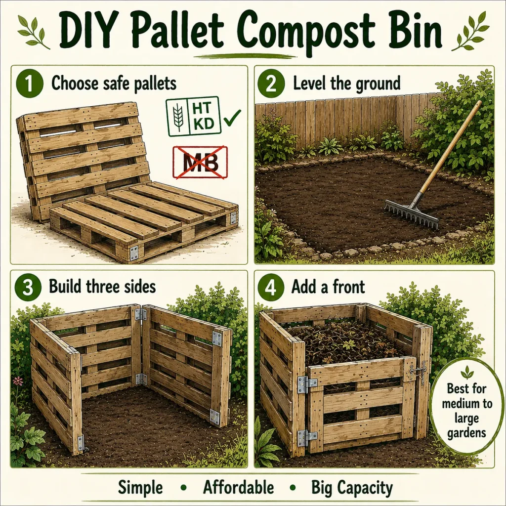 Infographic showing the basics of puttting a pallet bin together., 