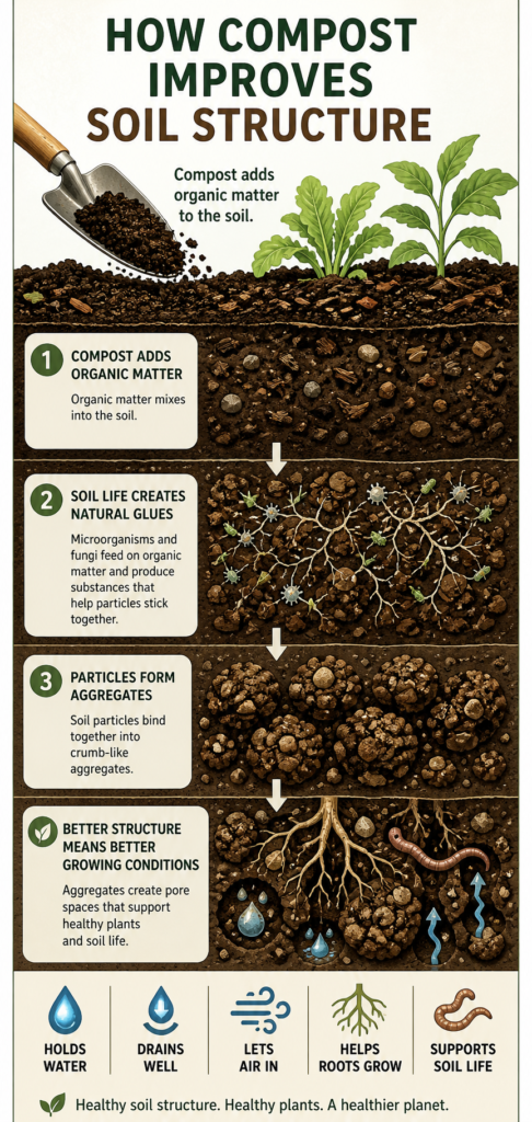 Infographic showing how compost improves soil structure.