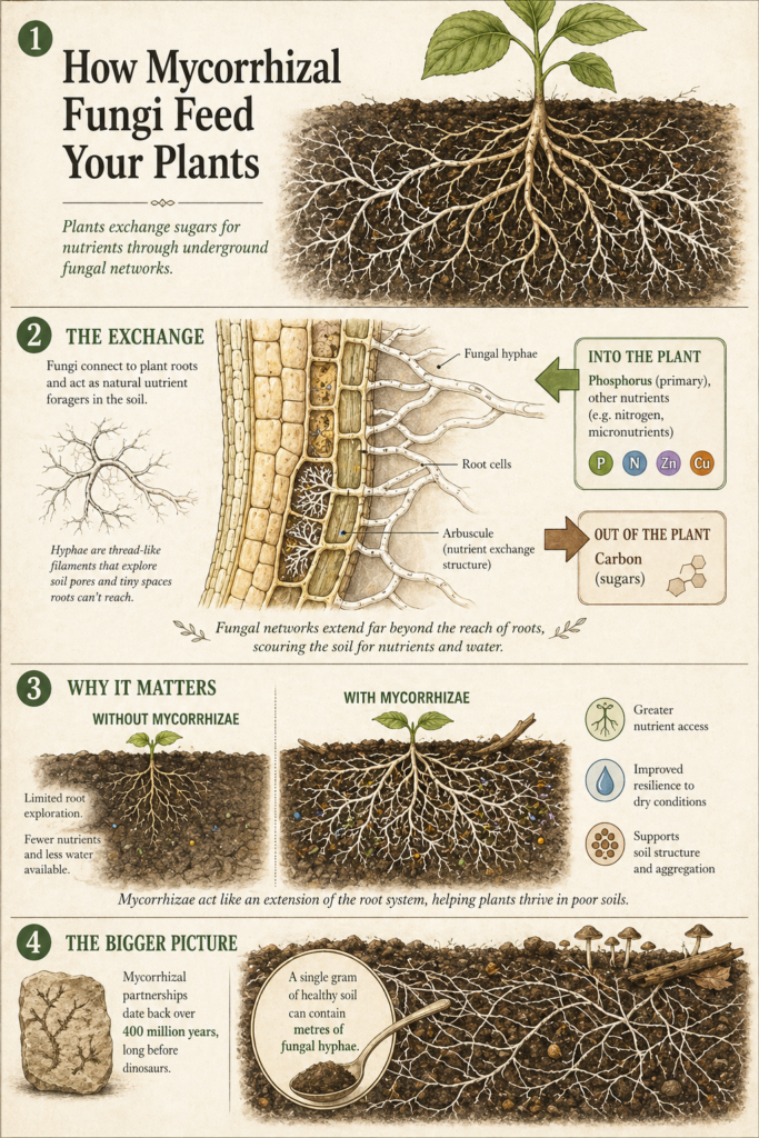 Infographic demonstating how Mycorrhizae fungi works. 
