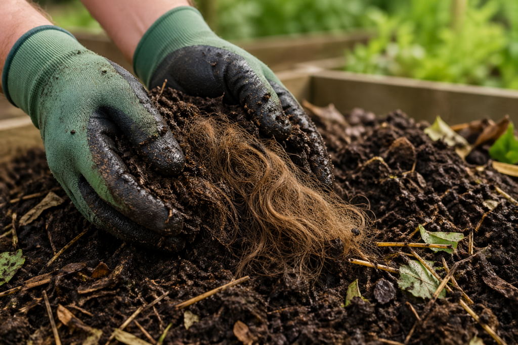 Hair being added to compost.