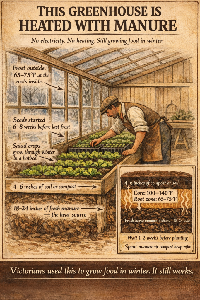 Iinfographic demonstating how to use manure to heat a greenhouse.
