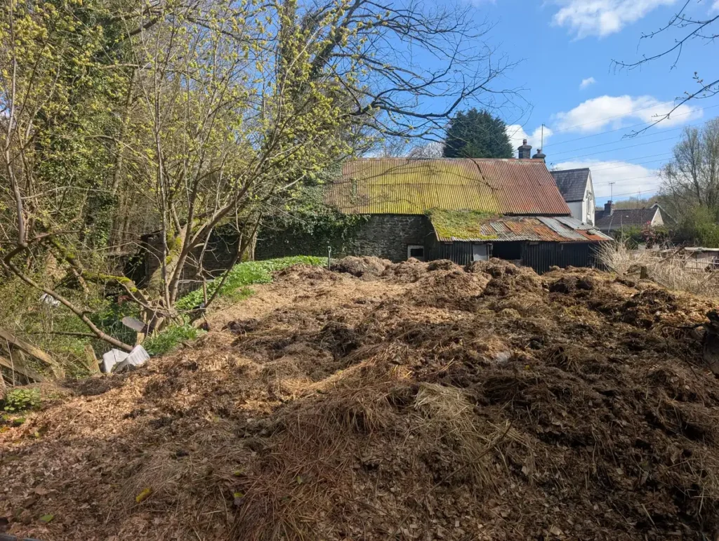 Huge manure pile outside countryside house.