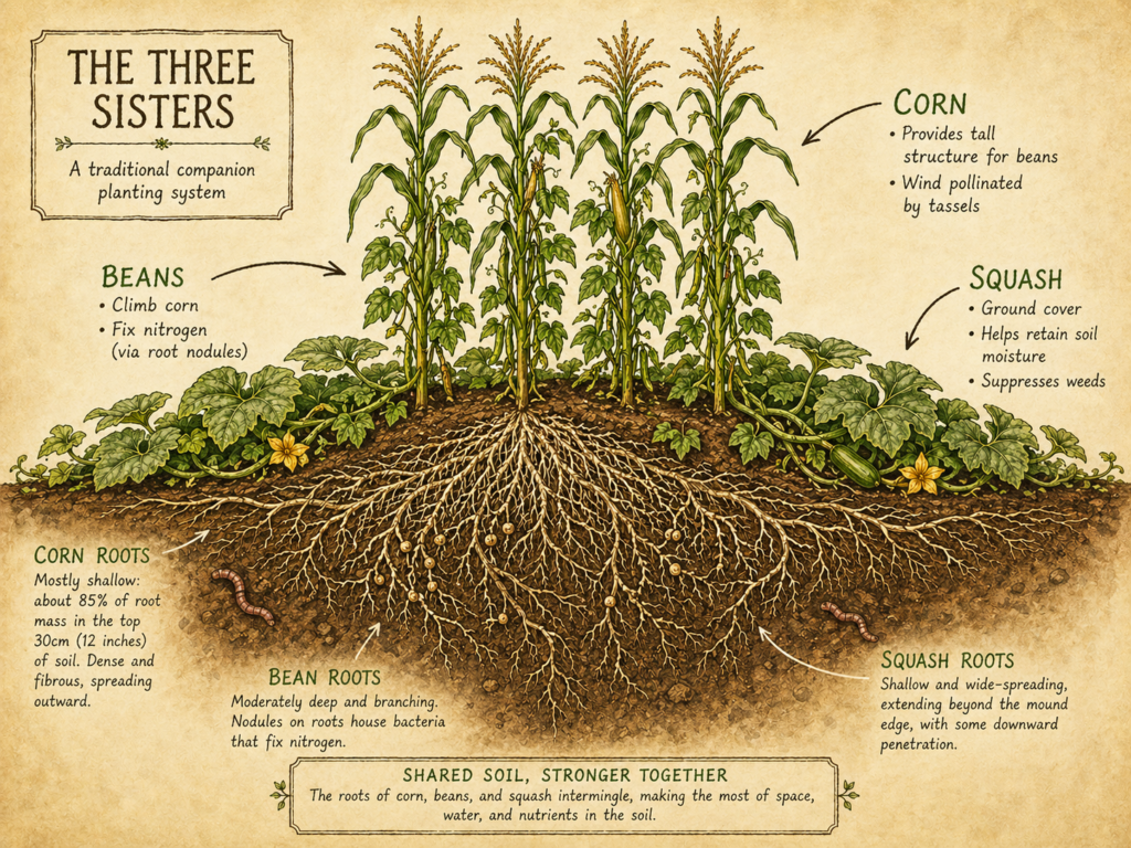 Infographic showing the Three Sisters growing system. 