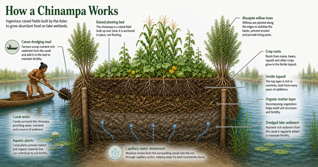 Infographic showing how a chinampa works. 