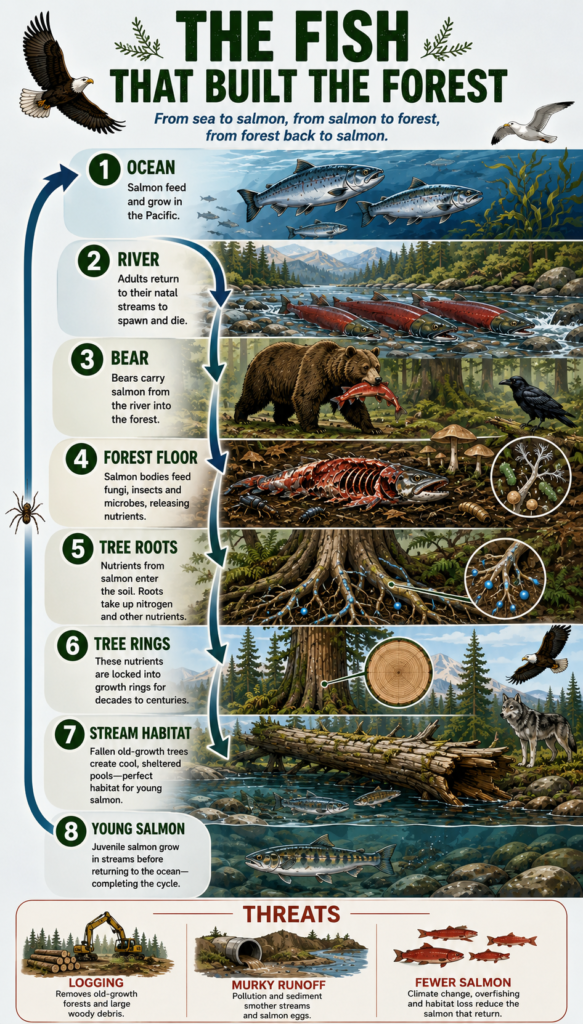 Infographic showing the relationship between bears, salmon and trees. 