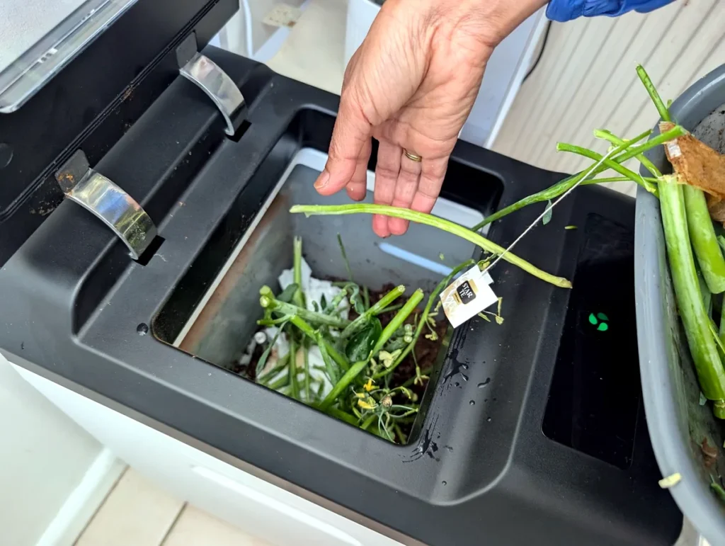 My wife adds food scraps to the Geme Terra II. 