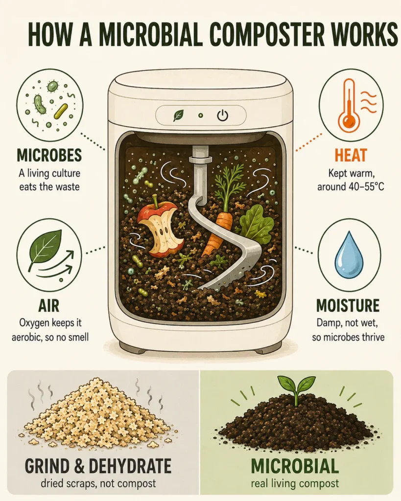 Mini-infographic showing how a microbial electronic composters works.