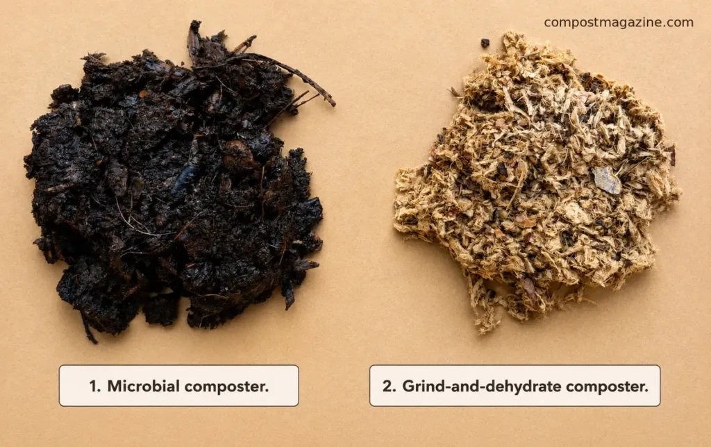 Image comparing results from a microbial composter versus a grind and dehydrate composter.