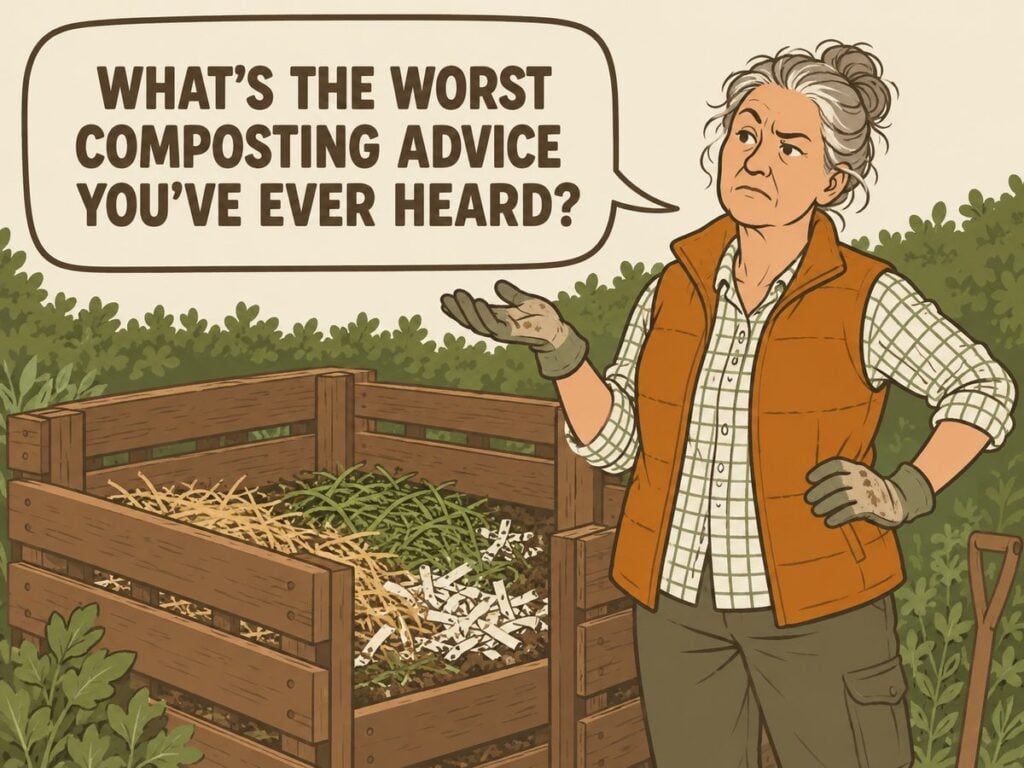 Cartoon of a sceptical gardener beside a pallet compost bin, with a speech bubble asking: what's the worst composting advice you've ever heard?