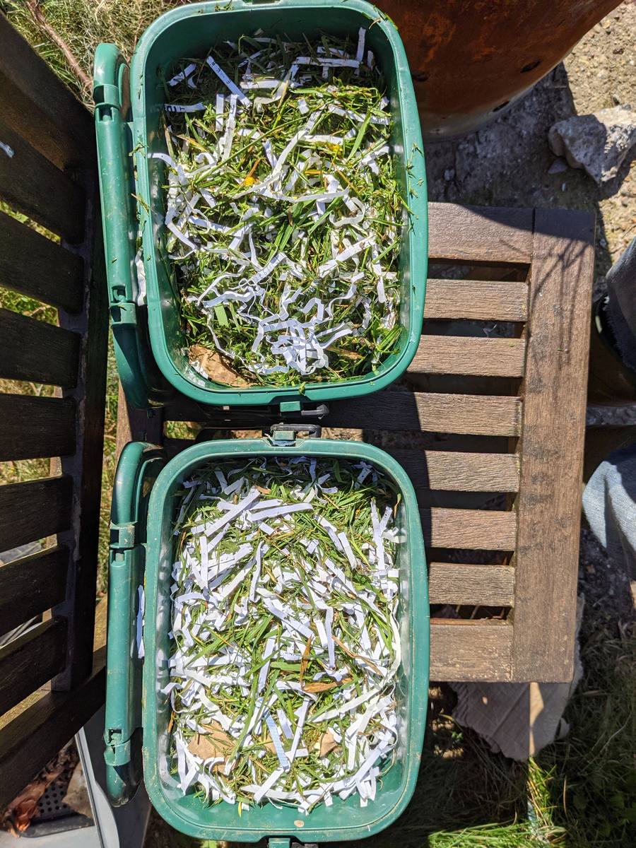 Two green compost caddies seen from above, both filled with grass clippings and shredded paper