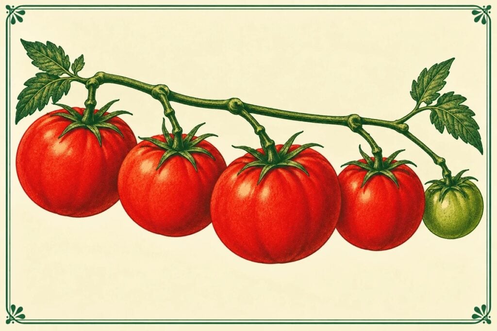 Illustration of a tomato truss on the vine in a vintage seed-catalogue style, with four ripe red tomatoes and one small green tomato